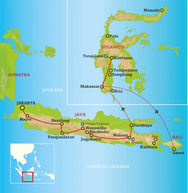 Routekaart Java, Sulawesi, Bali Insider 23 dagen